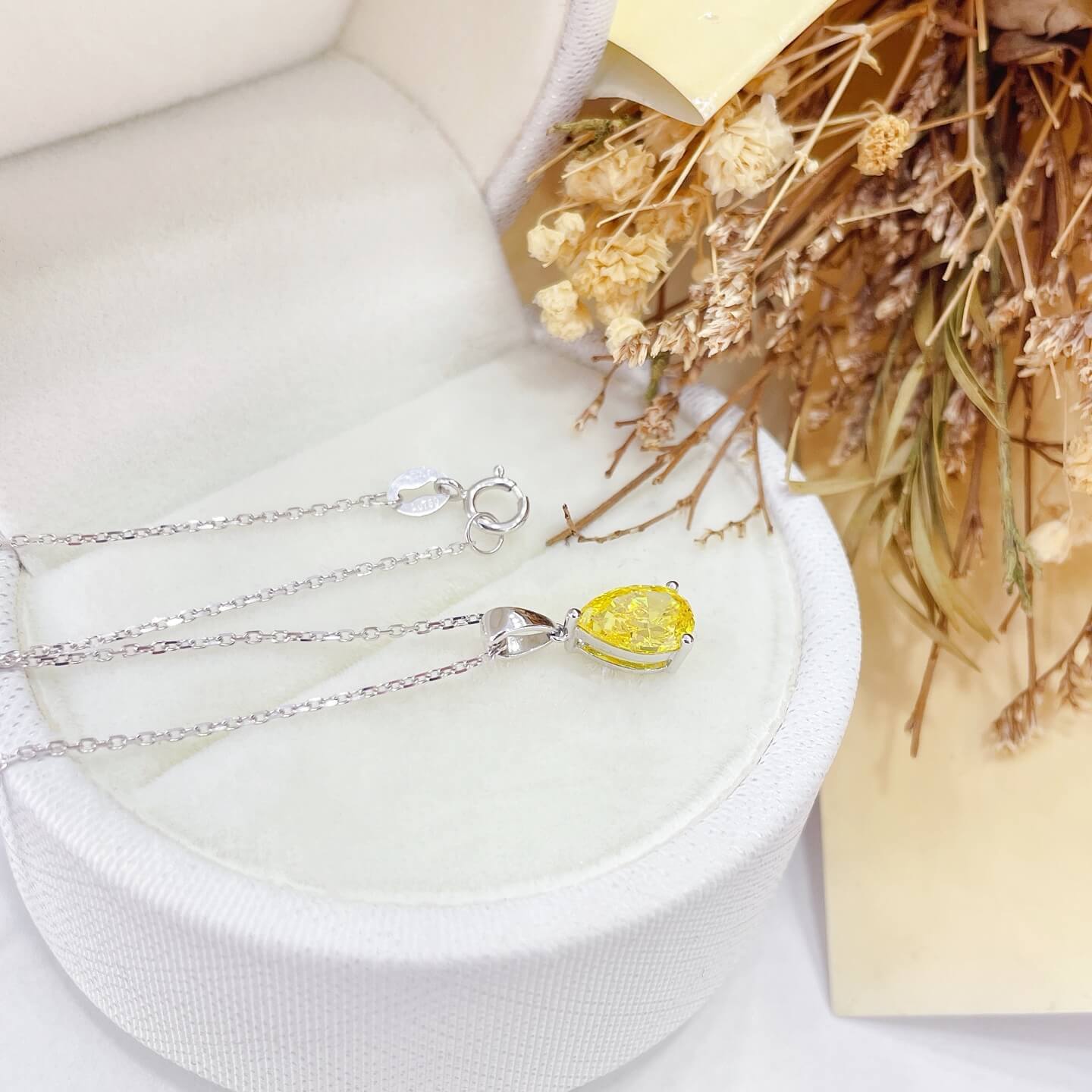 Pear cut lab grown yellow diamond pendant necklace
