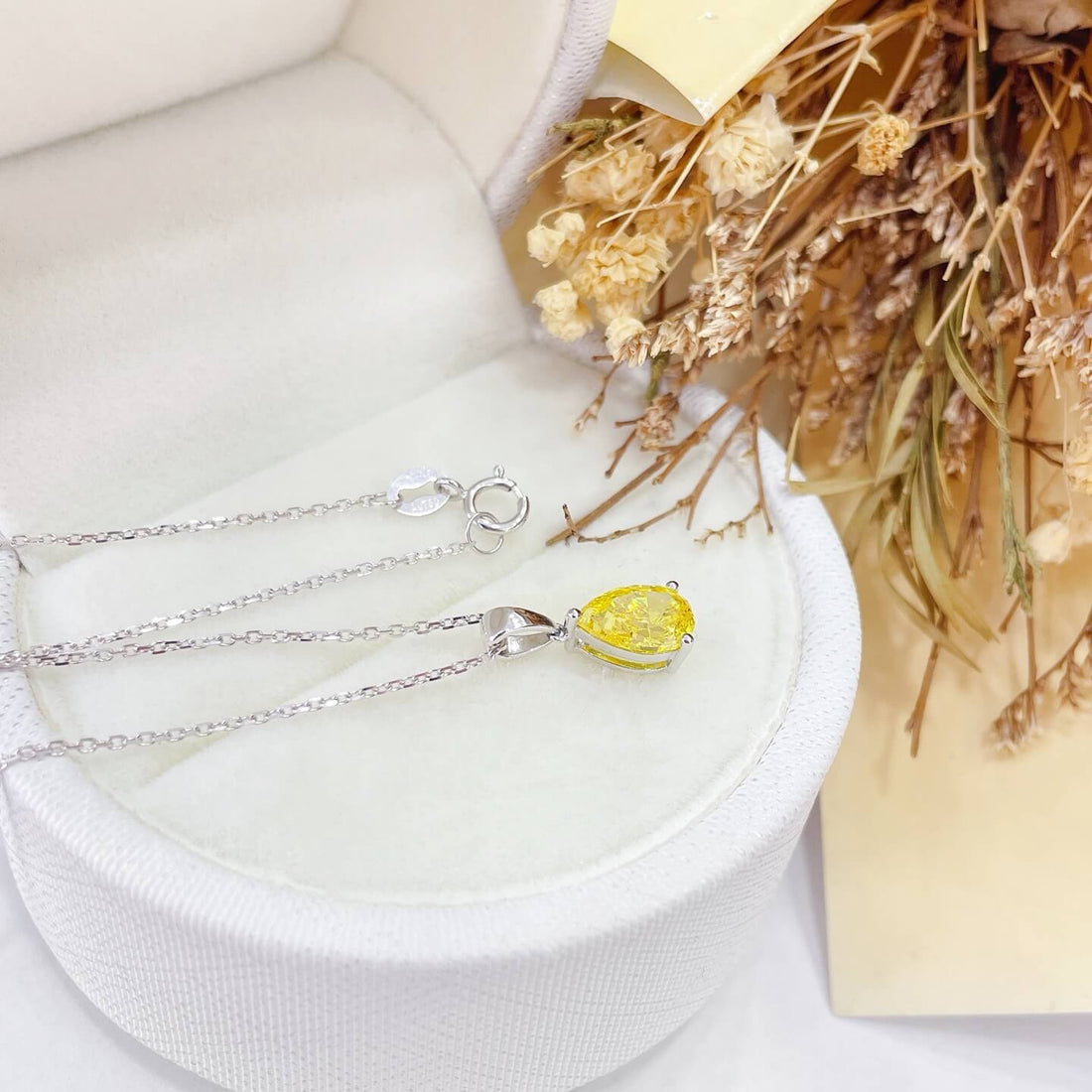 Pear cut lab grown yellow diamond pendant necklace