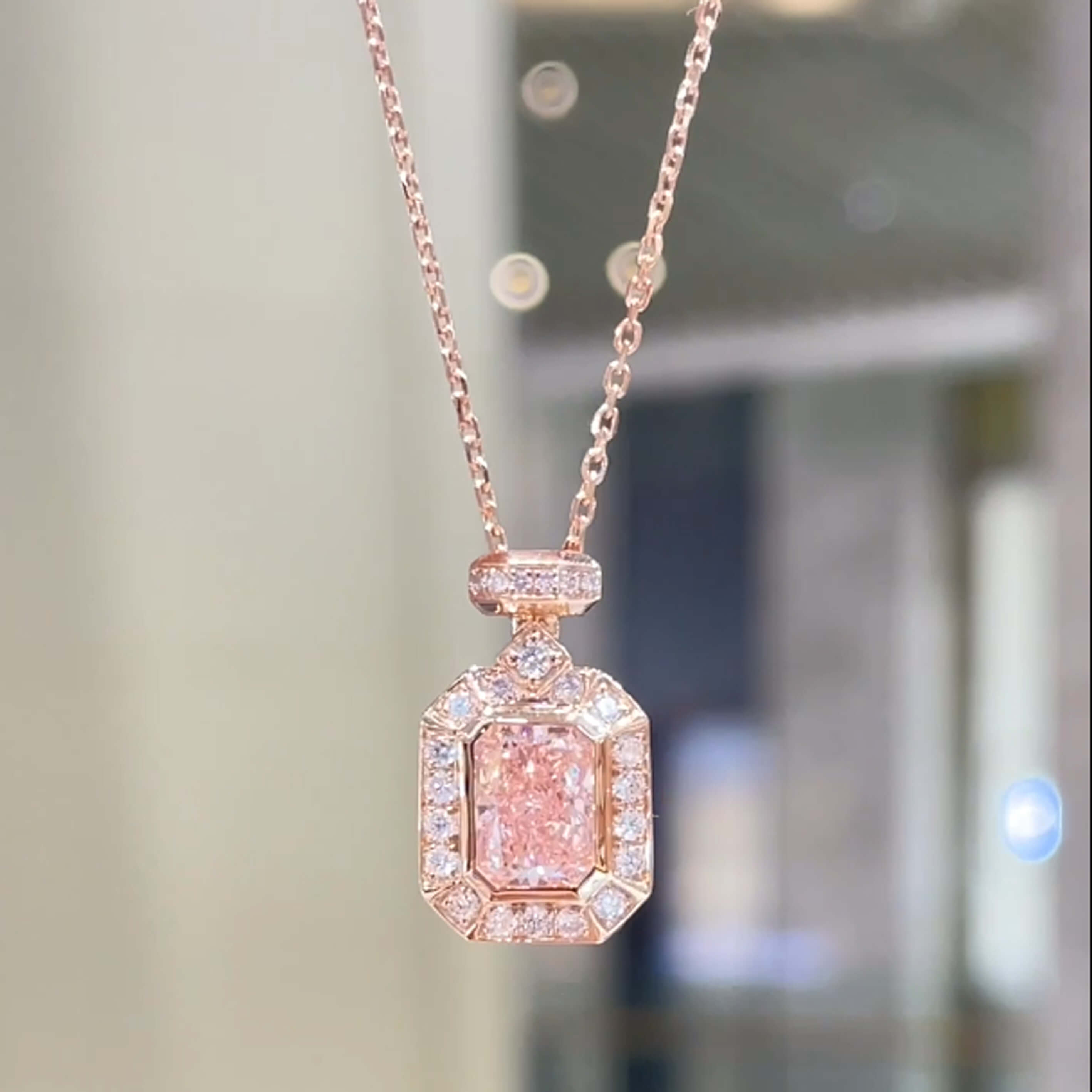 Perfume bottle design lab grown diamond pendant necklace