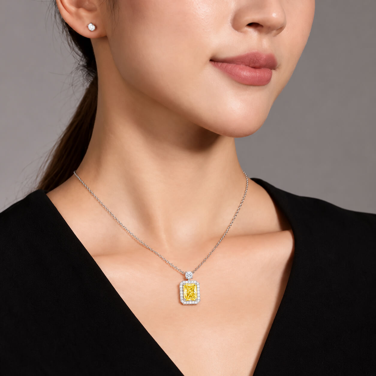 Perfume bottle design radiant cut lab grown yellow diamond necklace