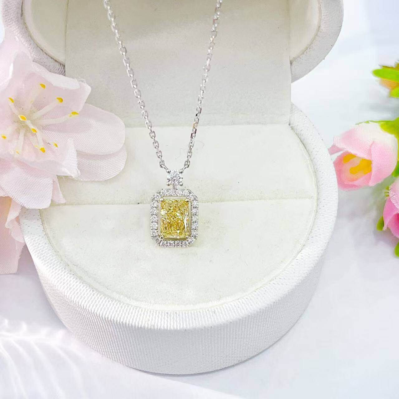 Perfume bottle design radiant cut lab grown yellow diamond necklace