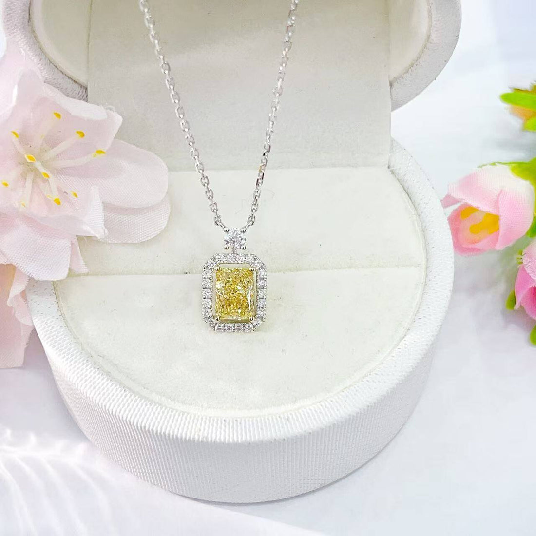 Perfume bottle design radiant cut lab grown yellow diamond necklace