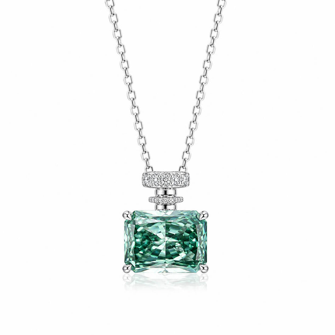 Perfume bottle radiant cut lab grown green diamond necklace
