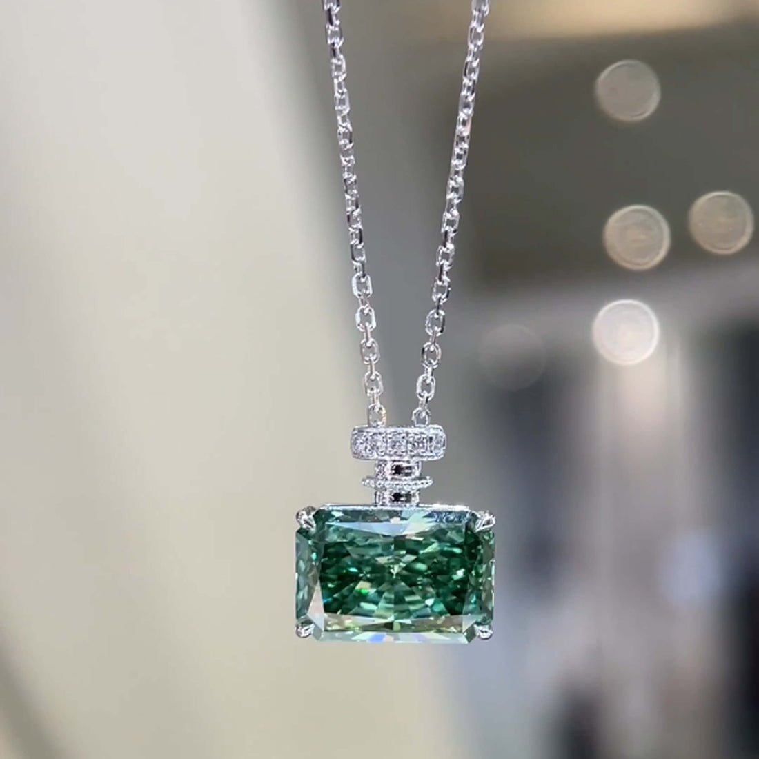 Perfume bottle radiant cut lab grown green diamond necklace
