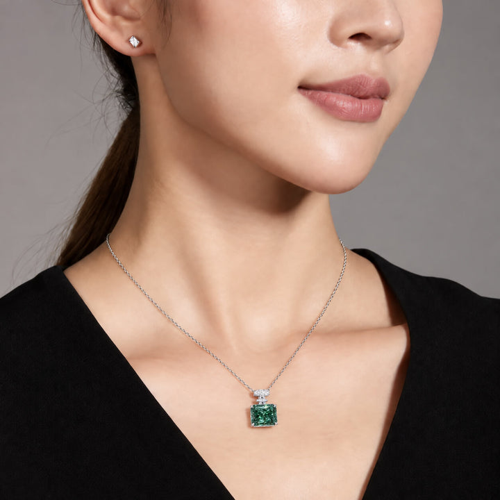 Perfume bottle radiant cut lab grown green diamond necklace