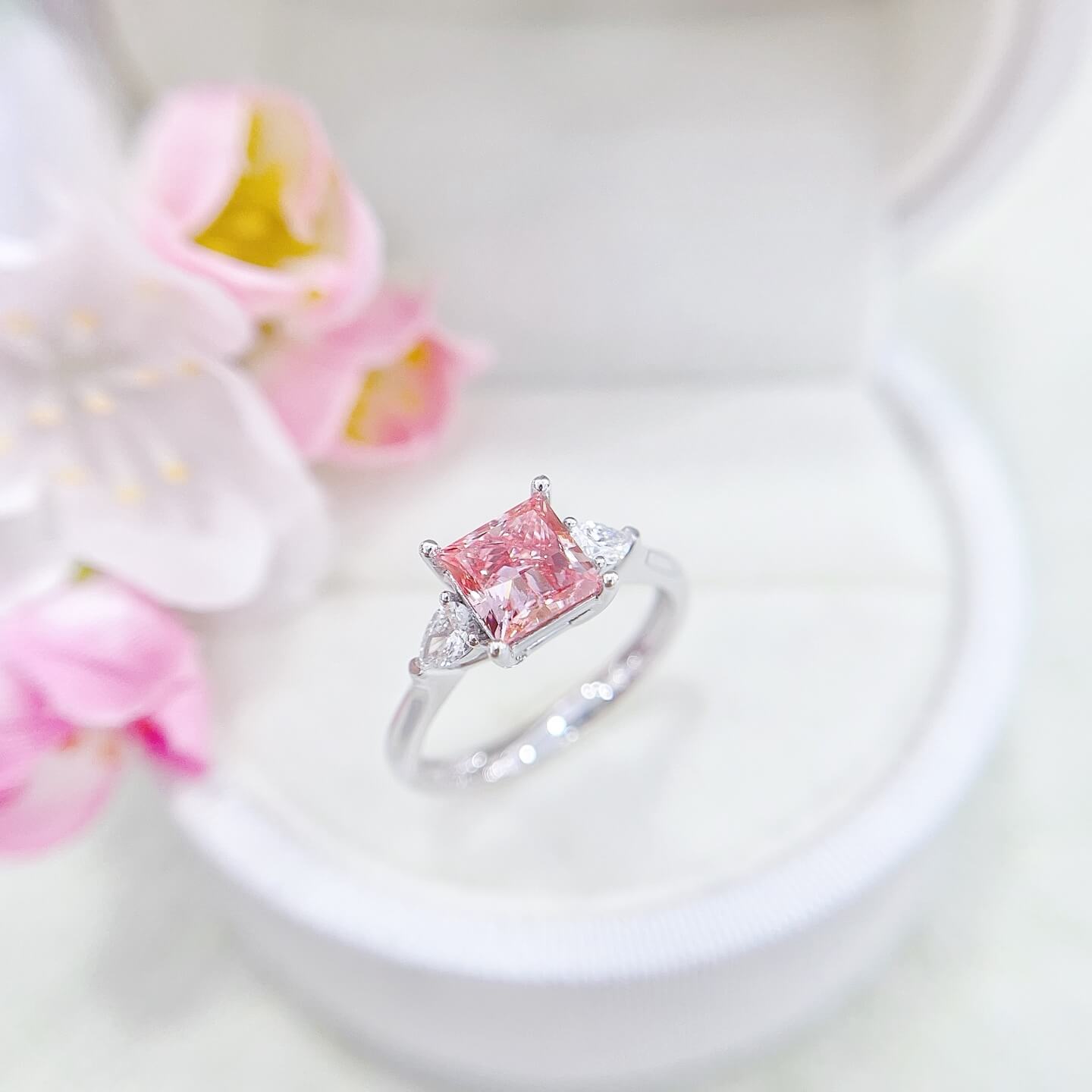 Princess cut lab grown pink diamond three stones engagement ring