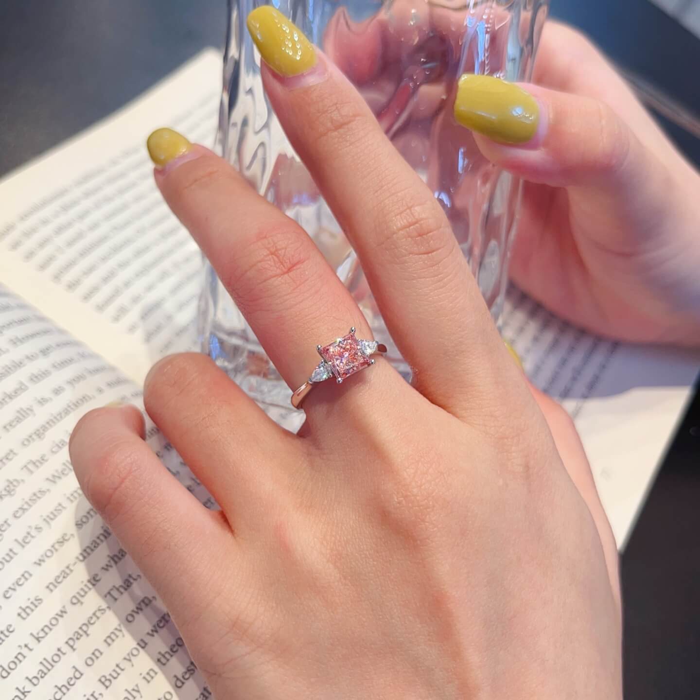 Princess cut lab grown pink diamond three stones engagement ring