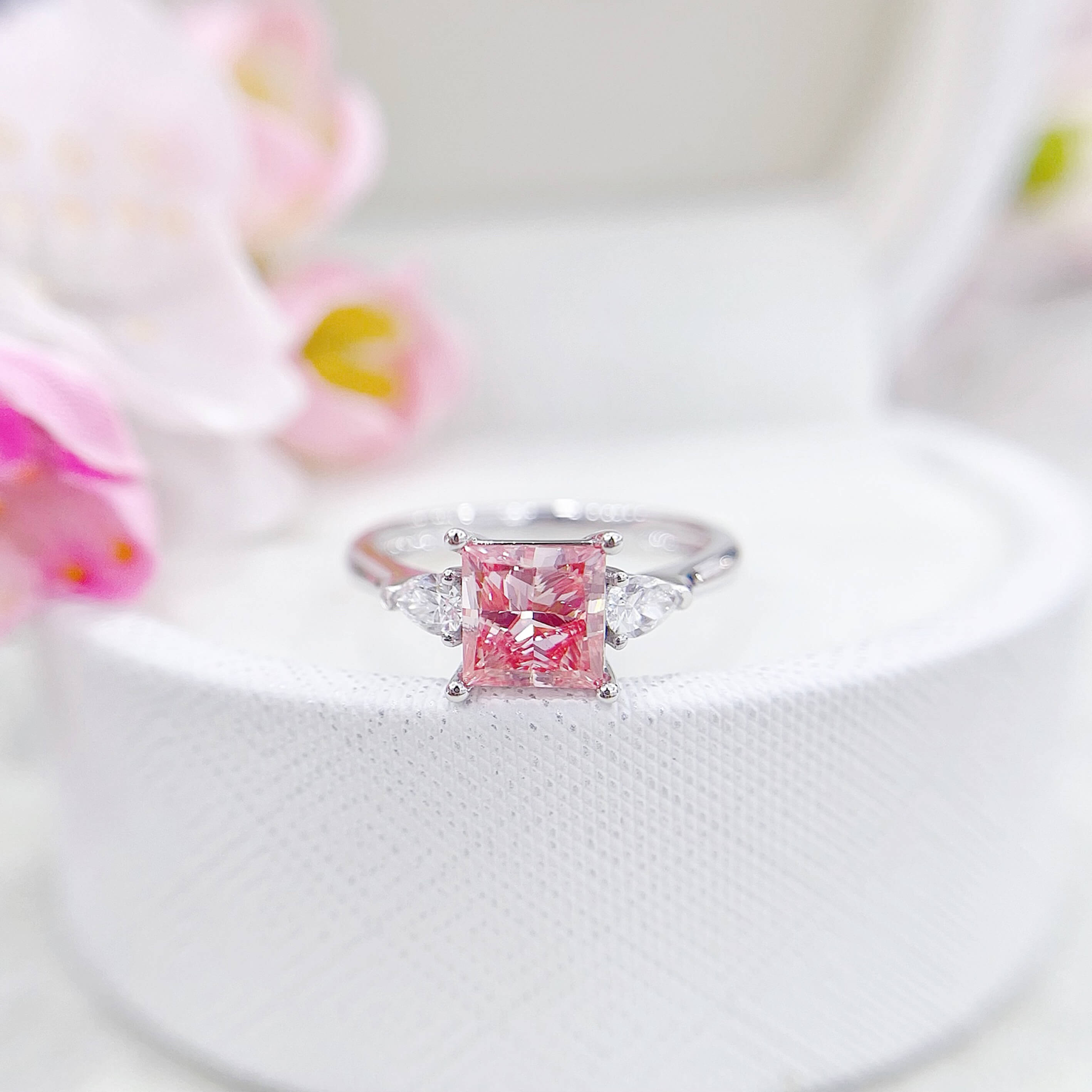Princess cut lab grown pink diamond three stones engagement ring