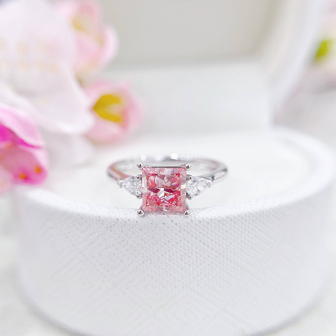 Princess cut lab grown pink diamond three stones engagement ring