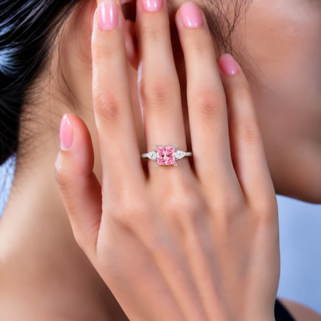 Princess cut lab grown pink diamond three stones engagement ring