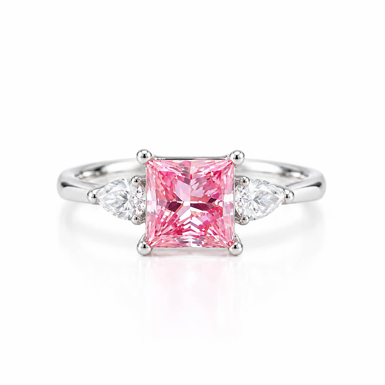 Princess cut lab grown pink diamond three stones engagement ring