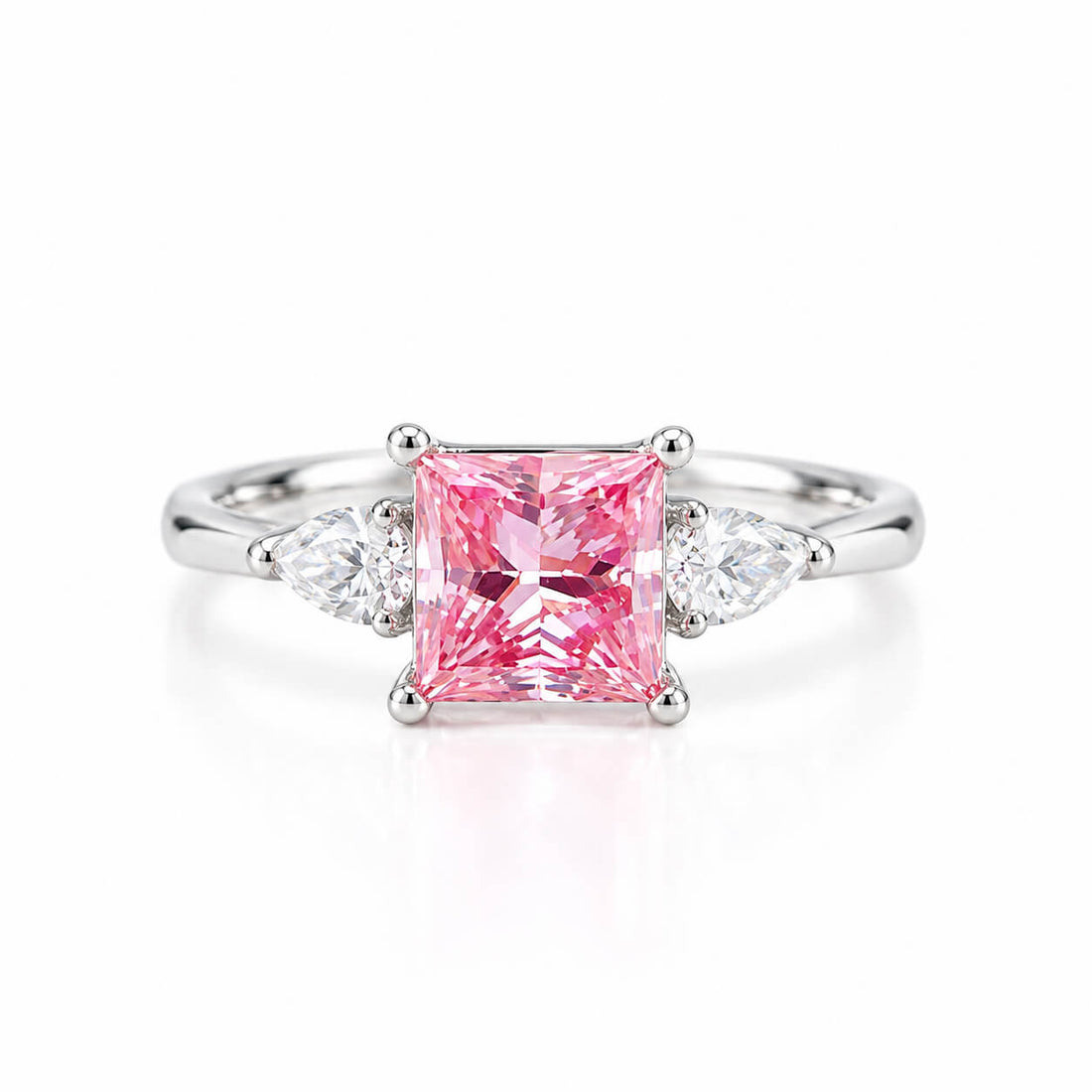 Princess cut lab grown pink diamond three stones engagement ring