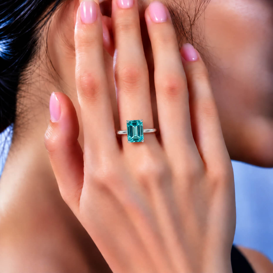 Radiant cut  lab grown Paraiba engagement ring