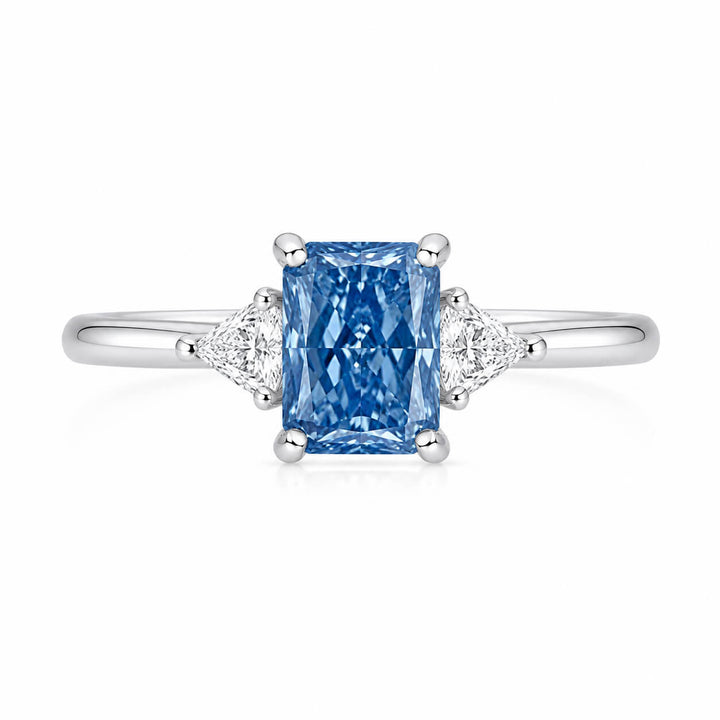 18K gold radiant lab grown blue diamond three stones engagement ring