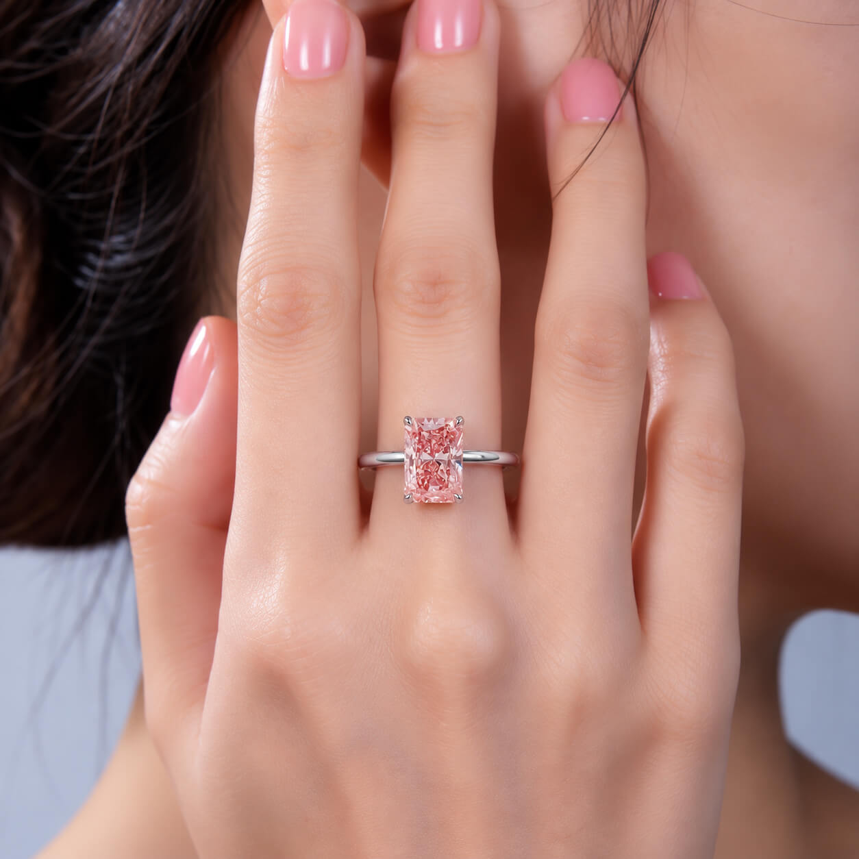 Radiant cut lab grown pink diamond engagement ring
