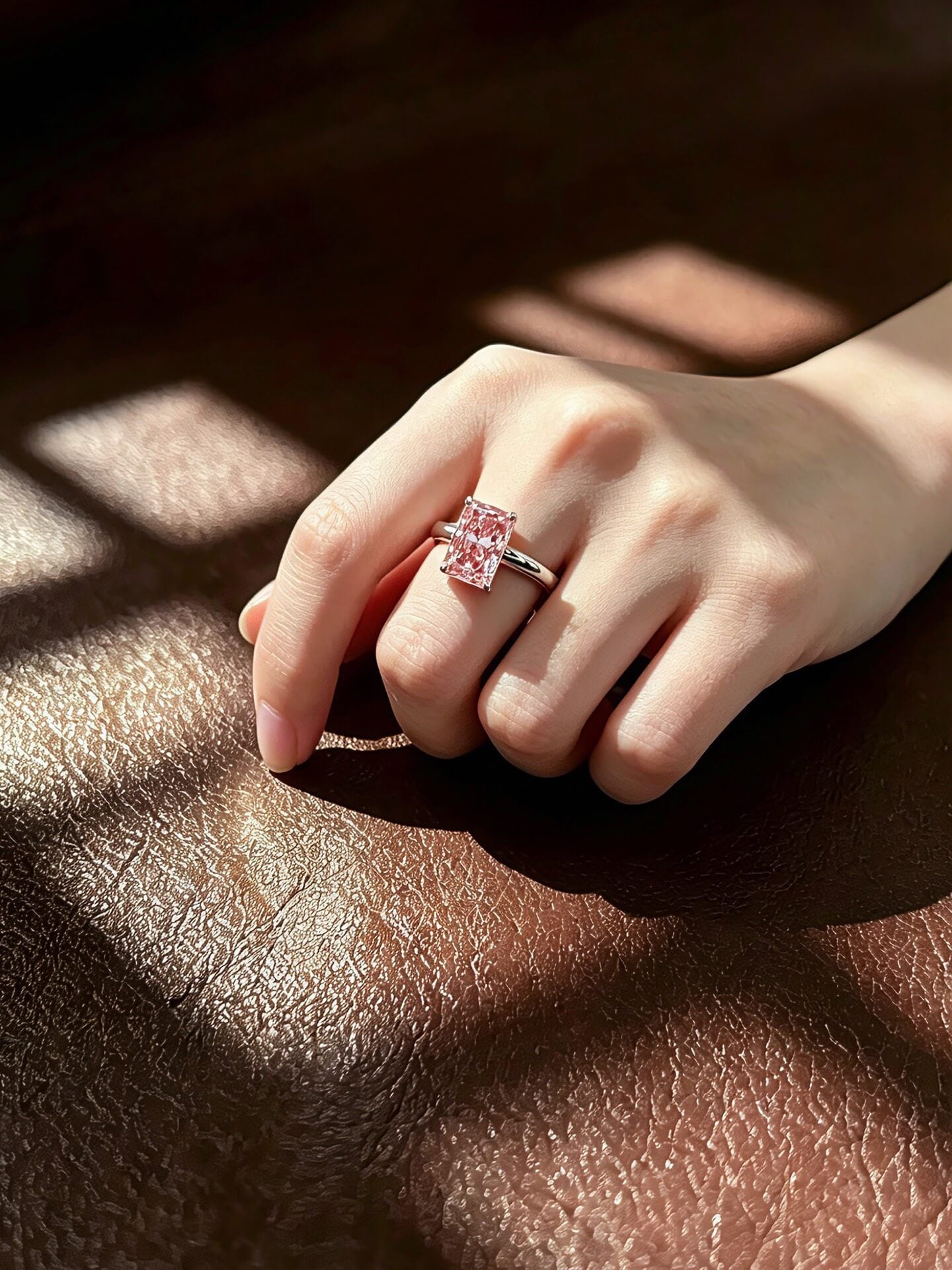 Radiant cut lab grown pink diamond engagement ring