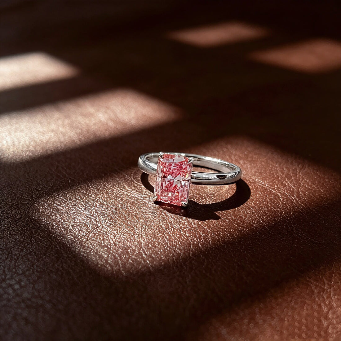 Radiant cut lab grown pink diamond engagement ring