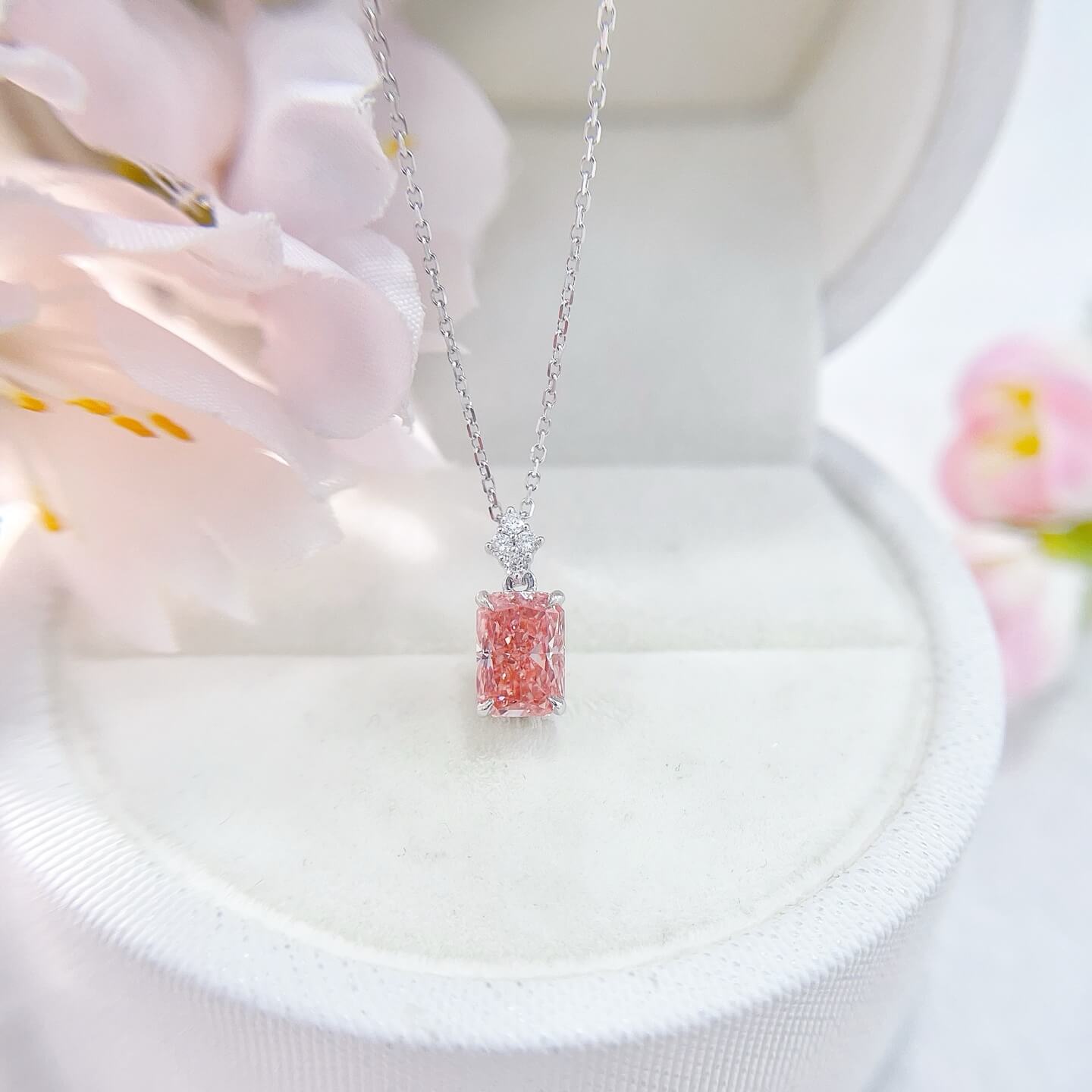 Radiant cut lab grown pink diamond pendant necklace