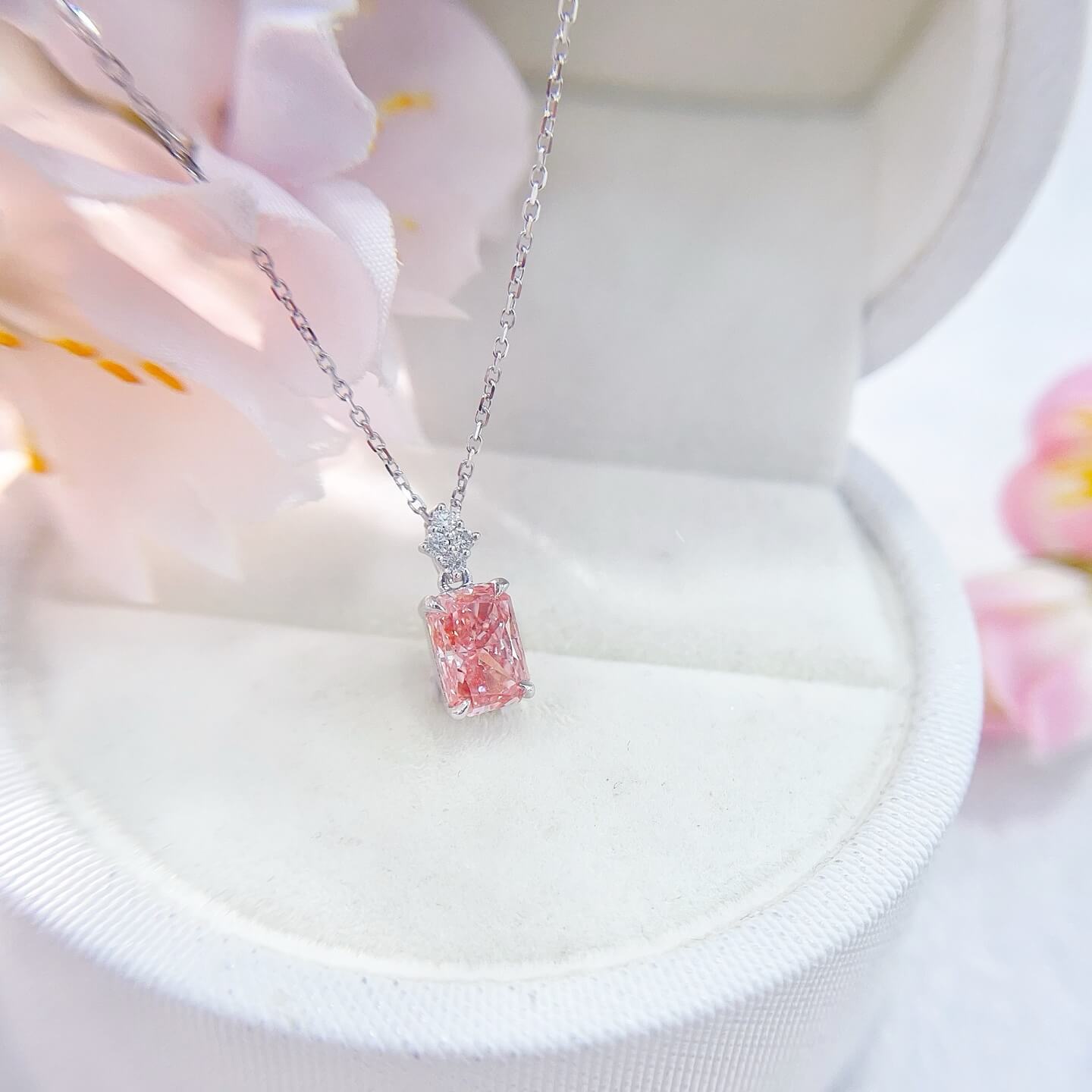 Radiant cut lab grown pink diamond pendant necklace