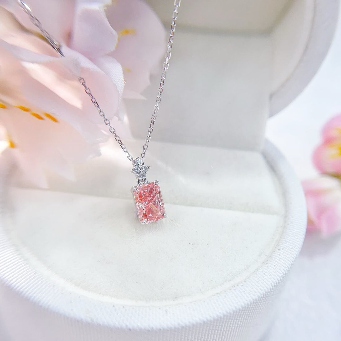 Radiant cut lab grown pink diamond pendant necklace