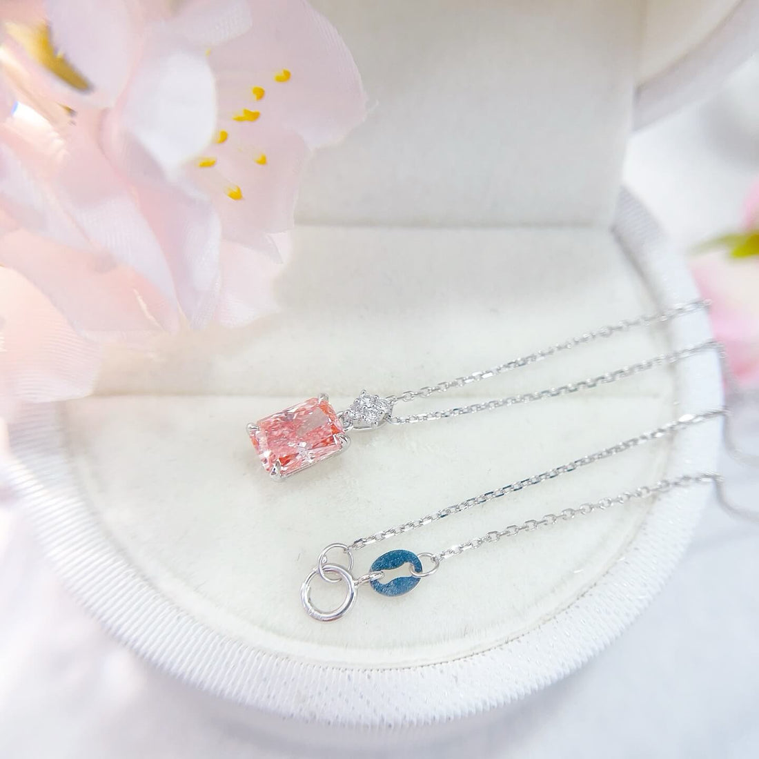 Radiant cut lab grown pink diamond pendant necklace