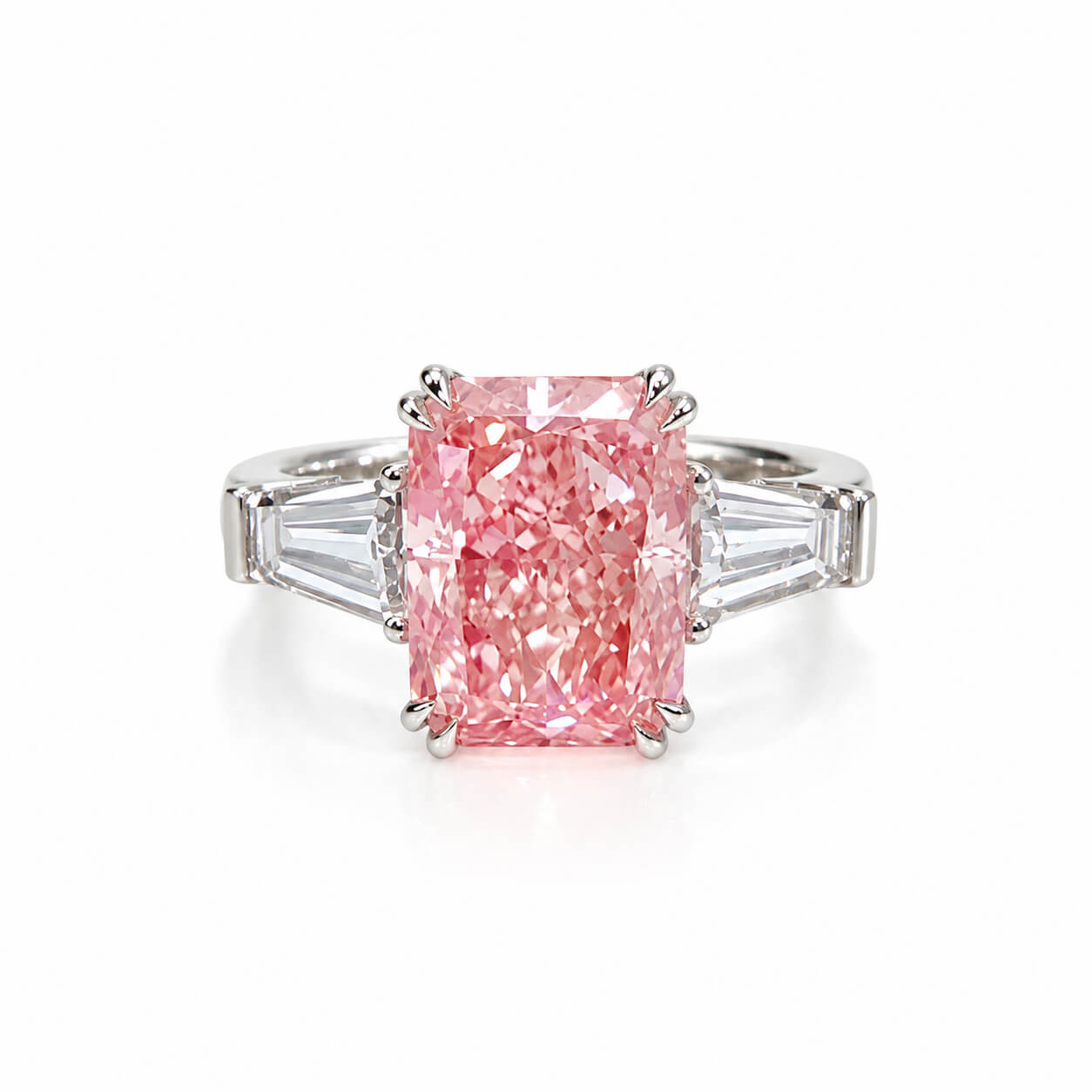 Radiant cut lab grown pink diamond three stones engagement ring