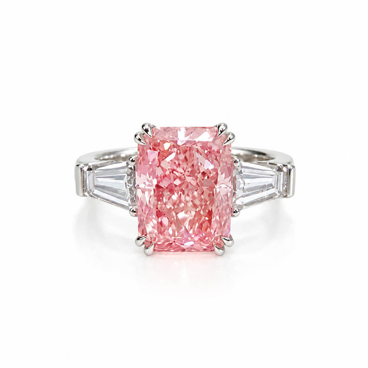 Radiant cut lab grown pink diamond three stones engagement ring