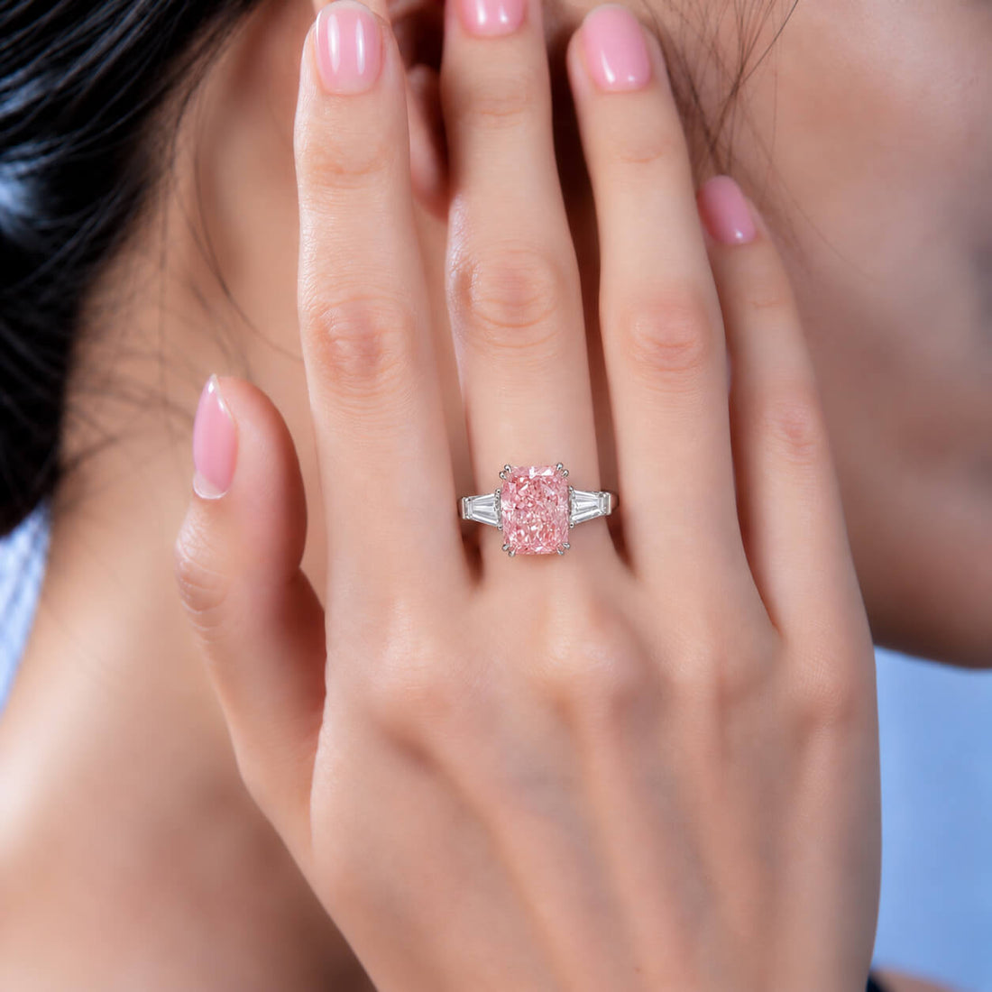 Radiant cut lab grown pink diamond three stones engagement ring