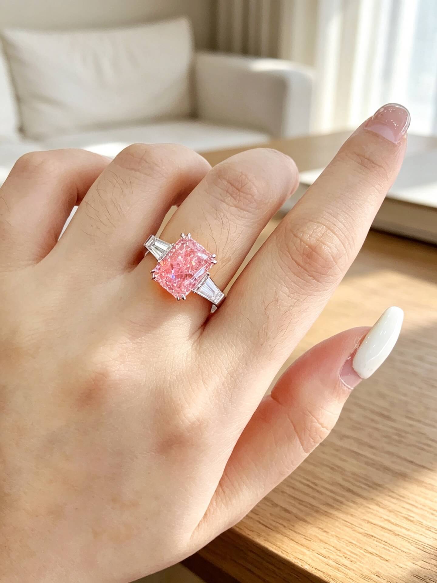 Radiant cut lab grown pink diamond three stones engagement ring