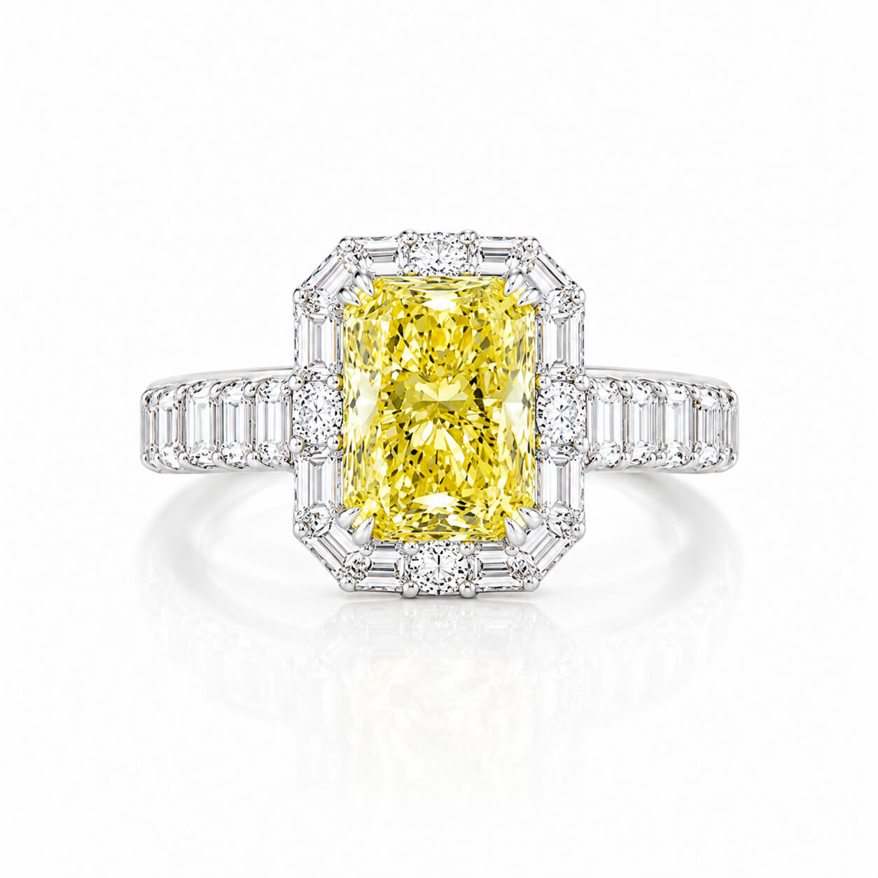Radiant cut lab grown yellow diamond engagement ring