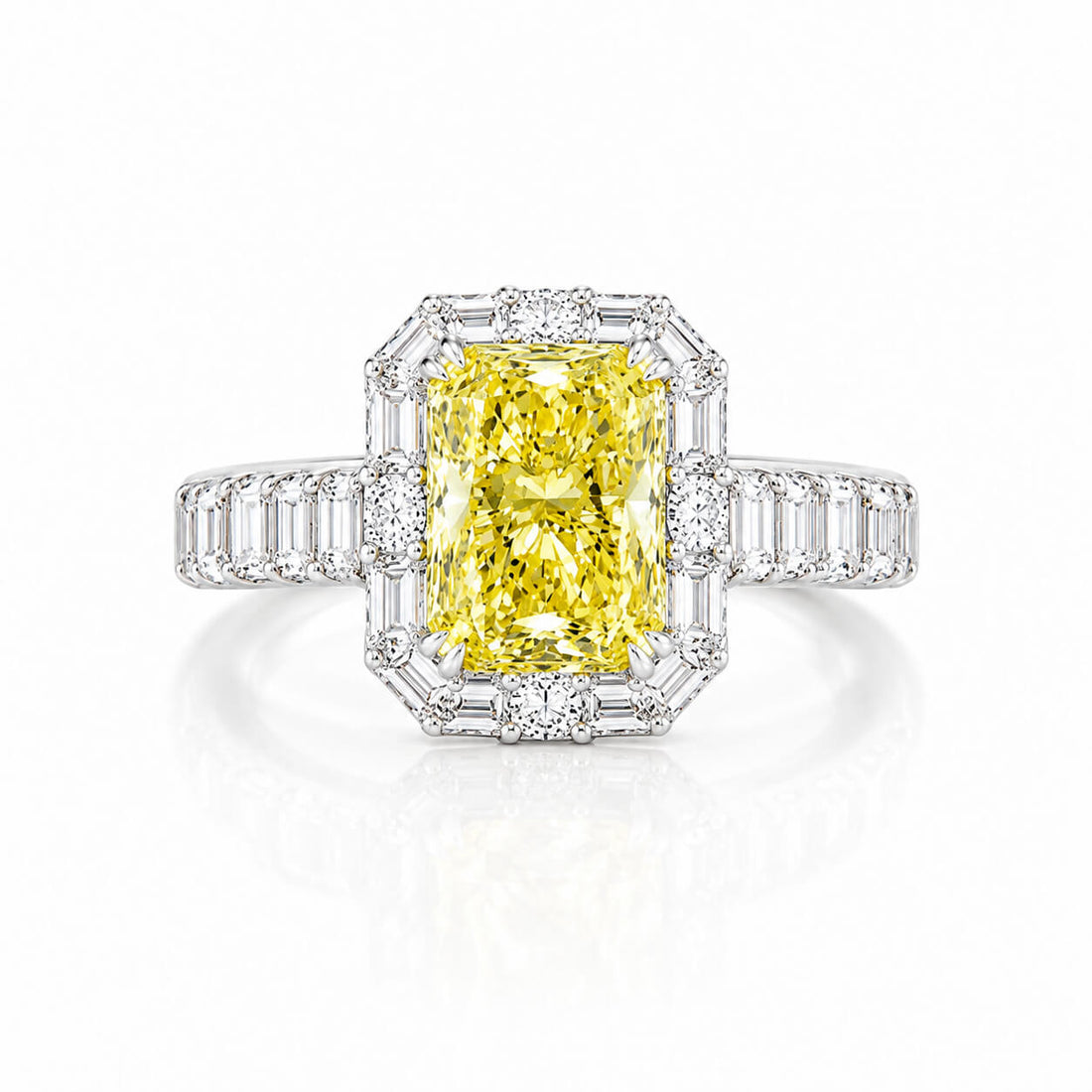 Radiant cut lab grown yellow diamond engagement ring