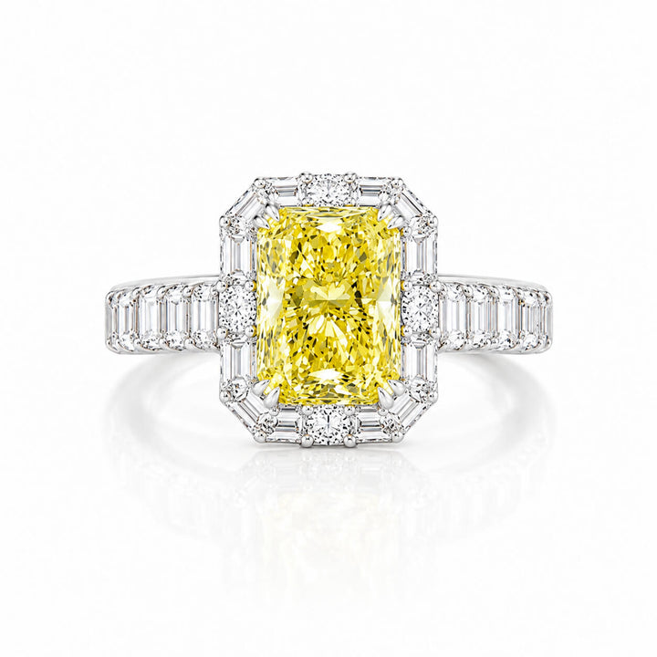 Radiant cut lab grown yellow diamond engagement ring