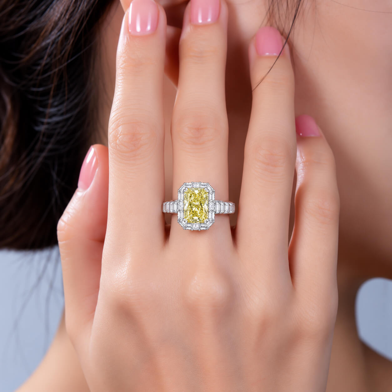 Radiant cut lab grown yellow diamond engagement ring