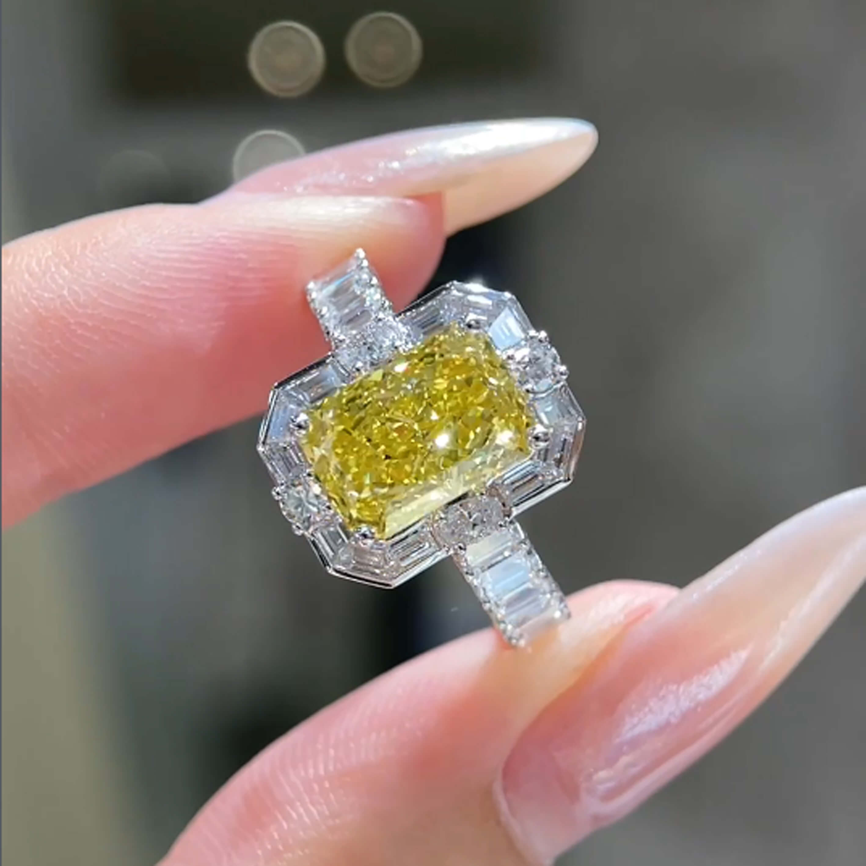Radiant cut lab grown yellow diamond engagement ring