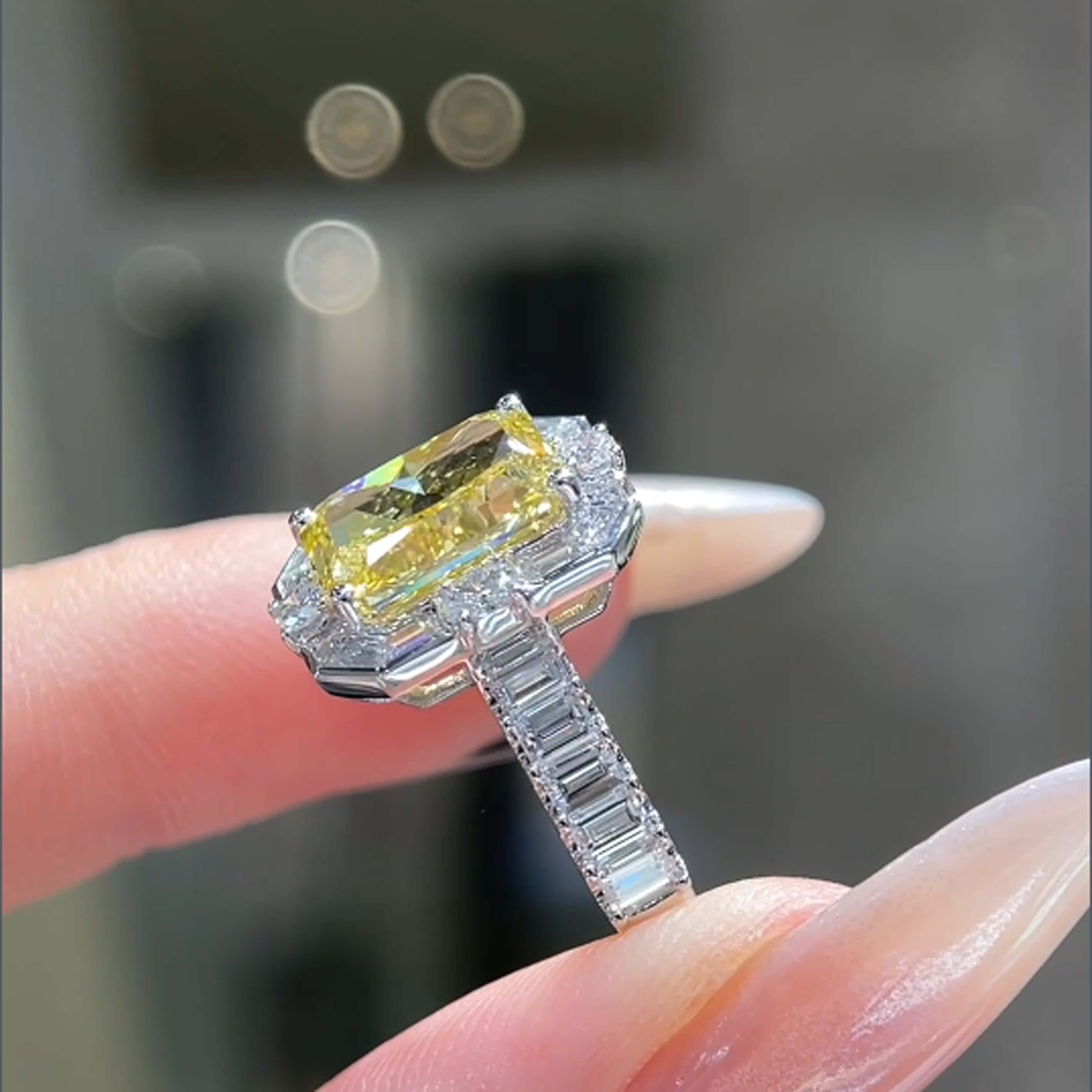 Radiant cut lab grown yellow diamond engagement ring
