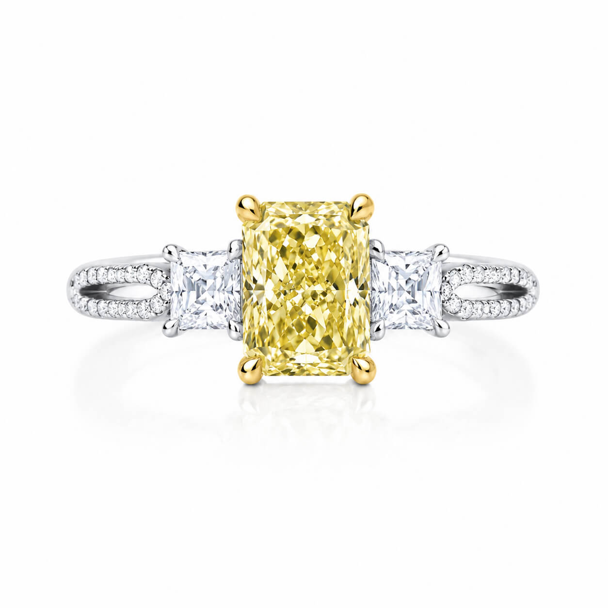Radiant cut lab grown yellow diamond three stones engagement ring