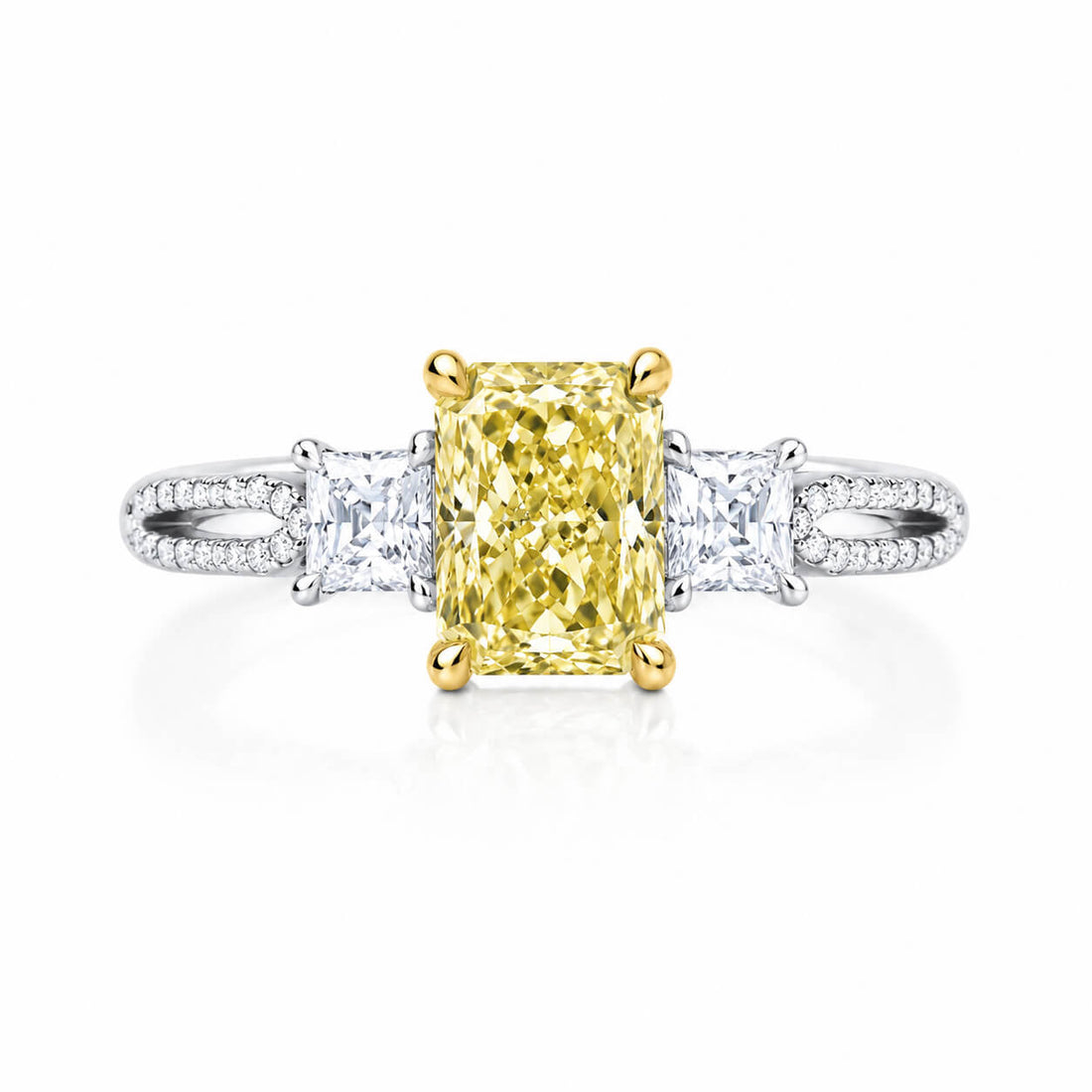 Radiant cut lab grown yellow diamond three stones engagement ring