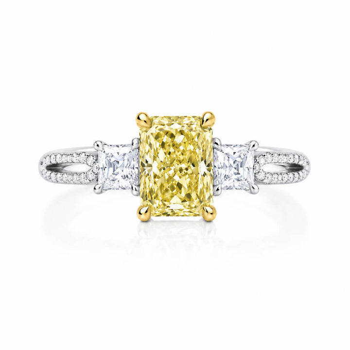 Radiant cut lab grown yellow diamond three stones engagement ring
