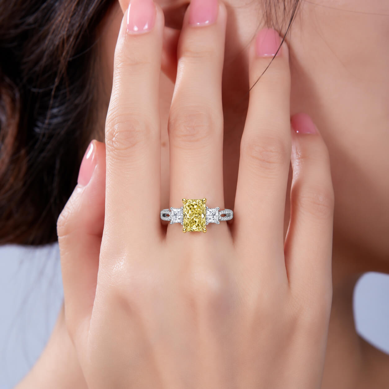 Radiant cut lab grown yellow diamond three stones engagement ring