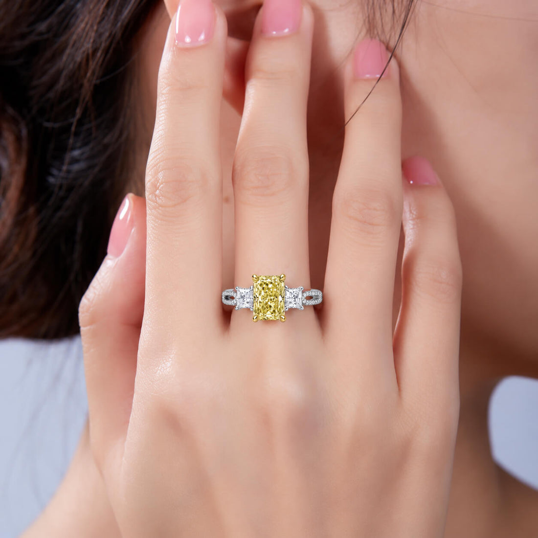 Radiant cut lab grown yellow diamond three stones engagement ring