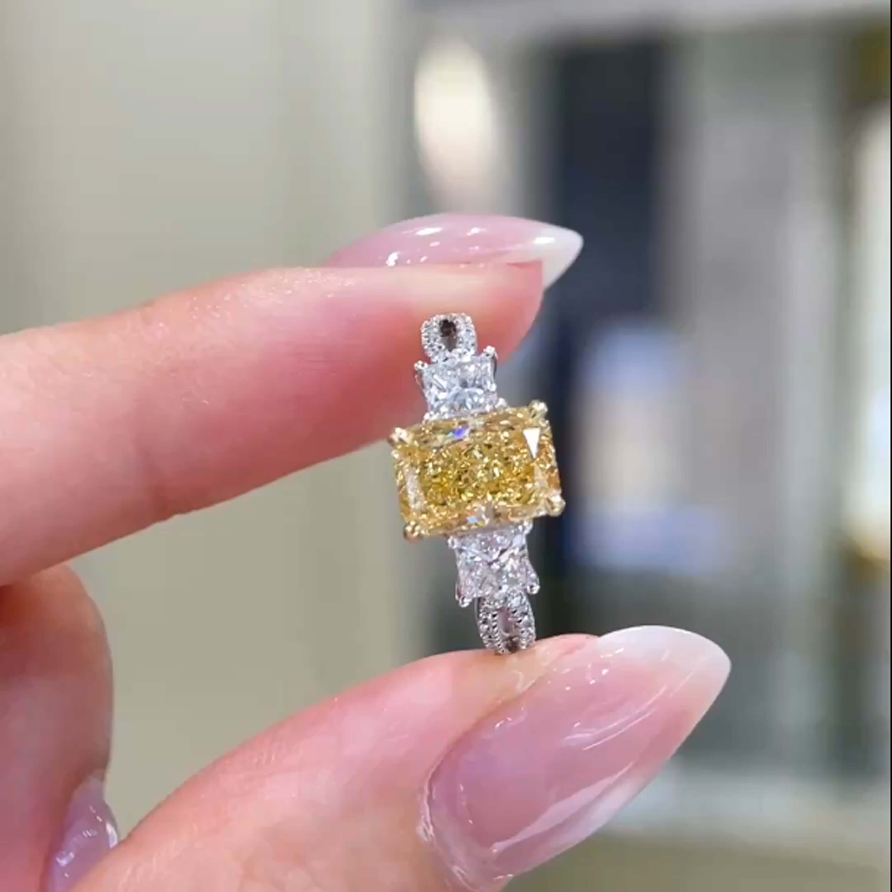 Radiant cut lab grown yellow diamond three stones engagement ring