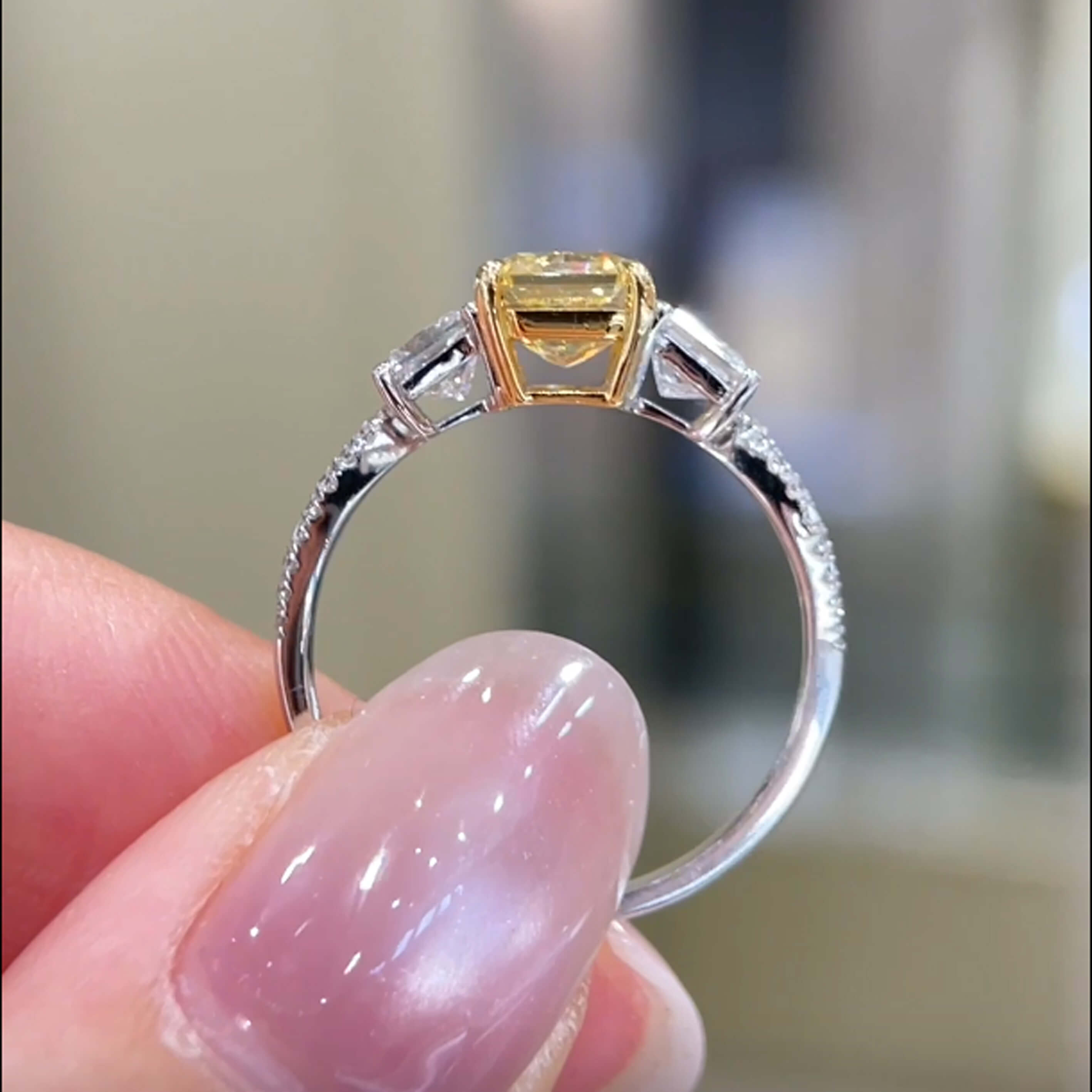Radiant cut lab grown yellow diamond three stones engagement ring