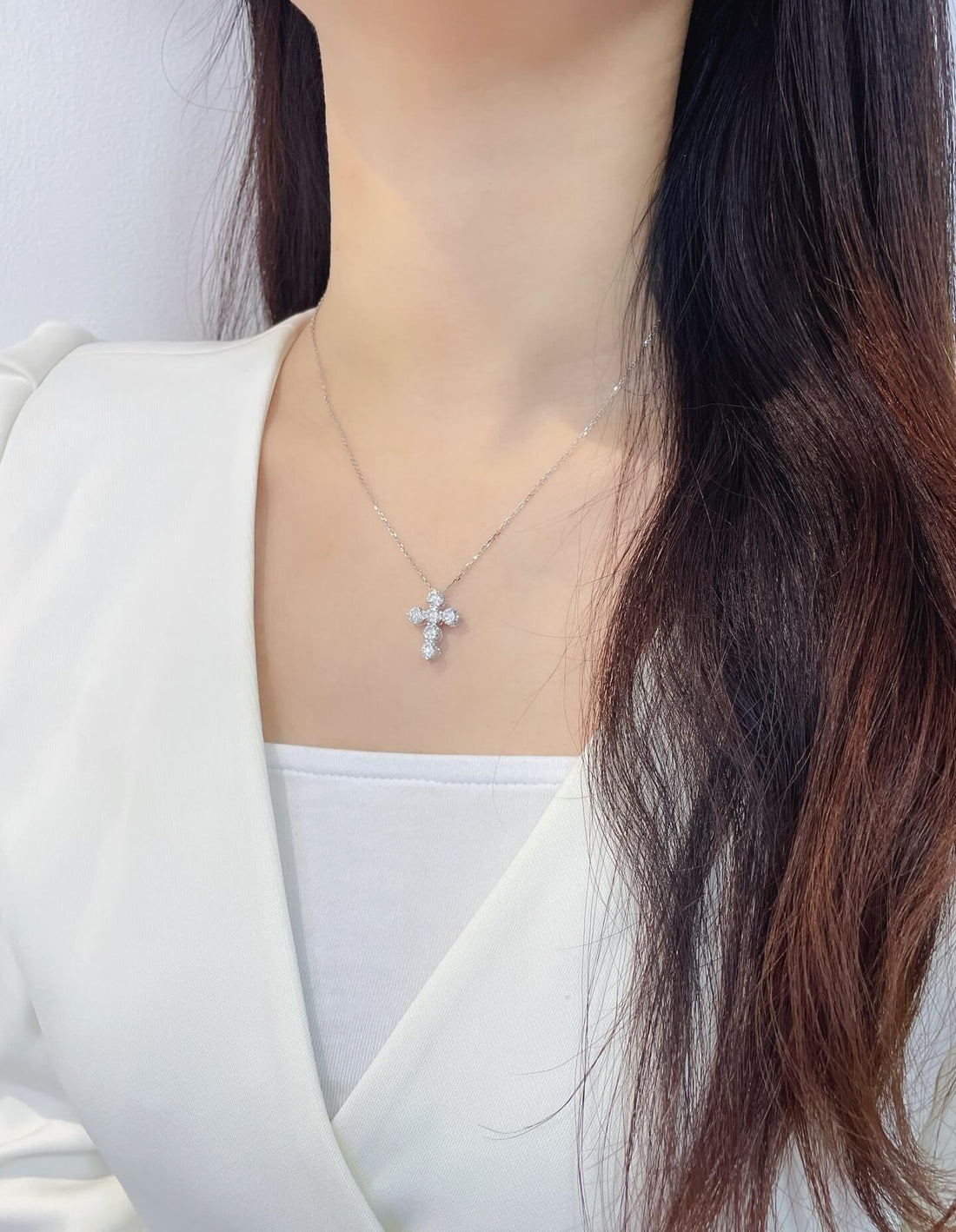Round cut lab grown diamond cross pendant necklace