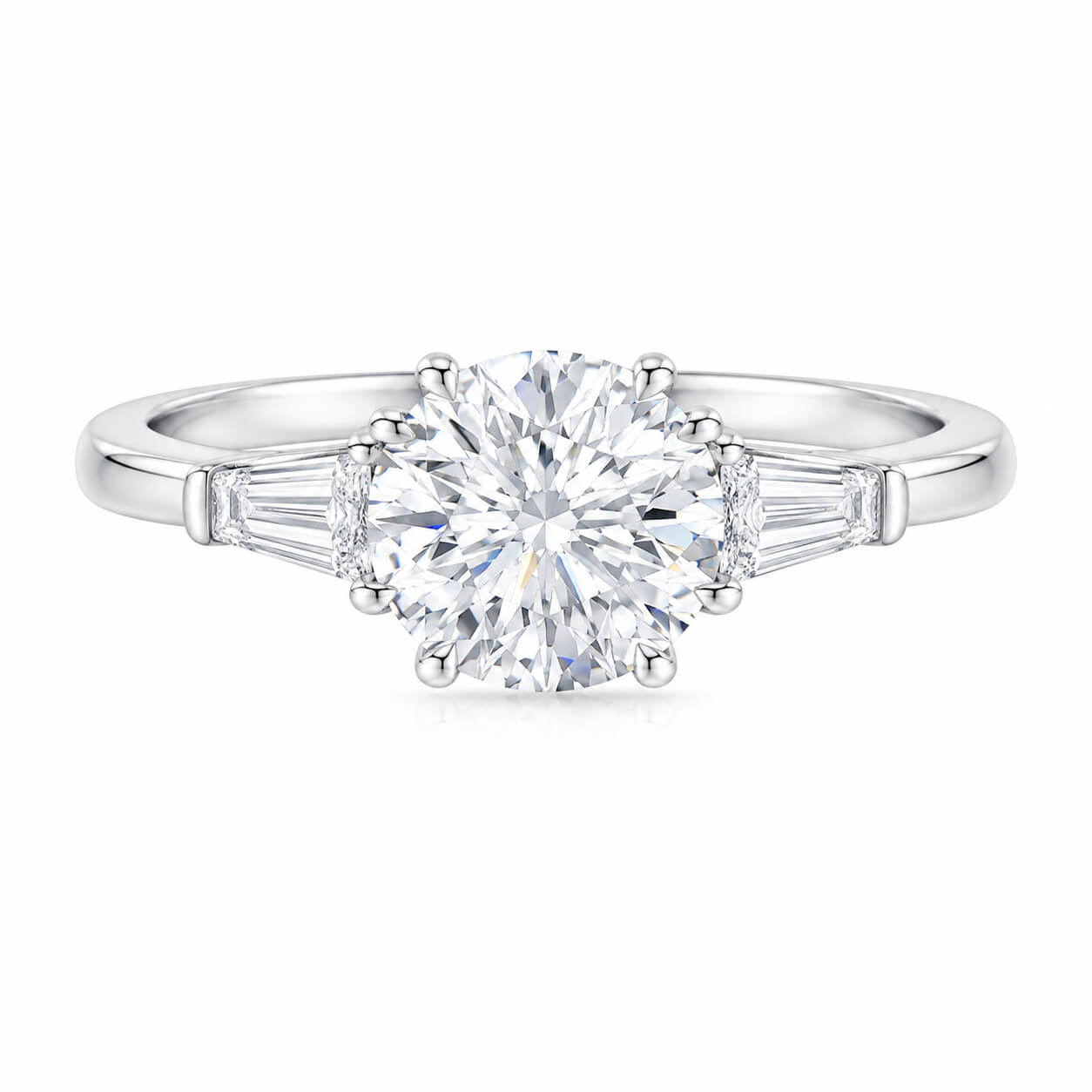 Round cut lab grown diamond three stones engagement ring