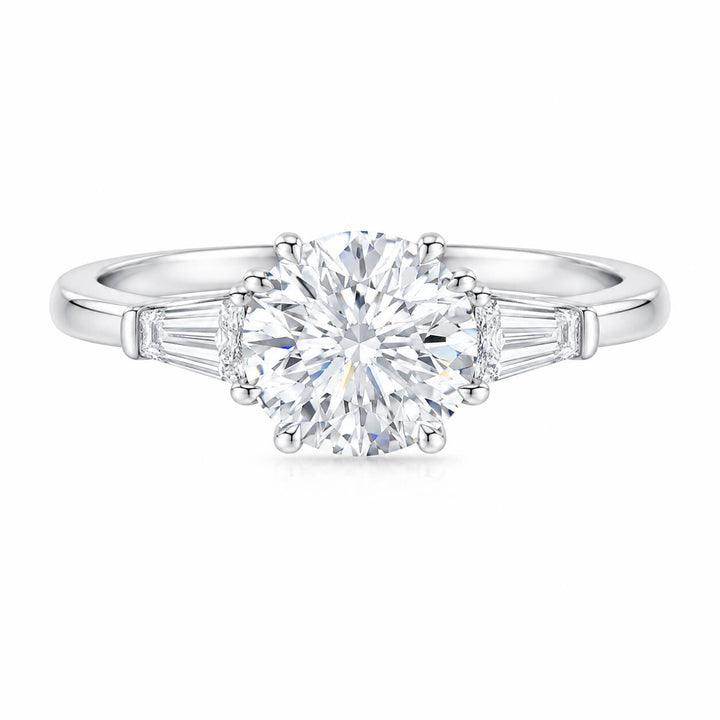 Round cut lab grown diamond three stones engagement ring