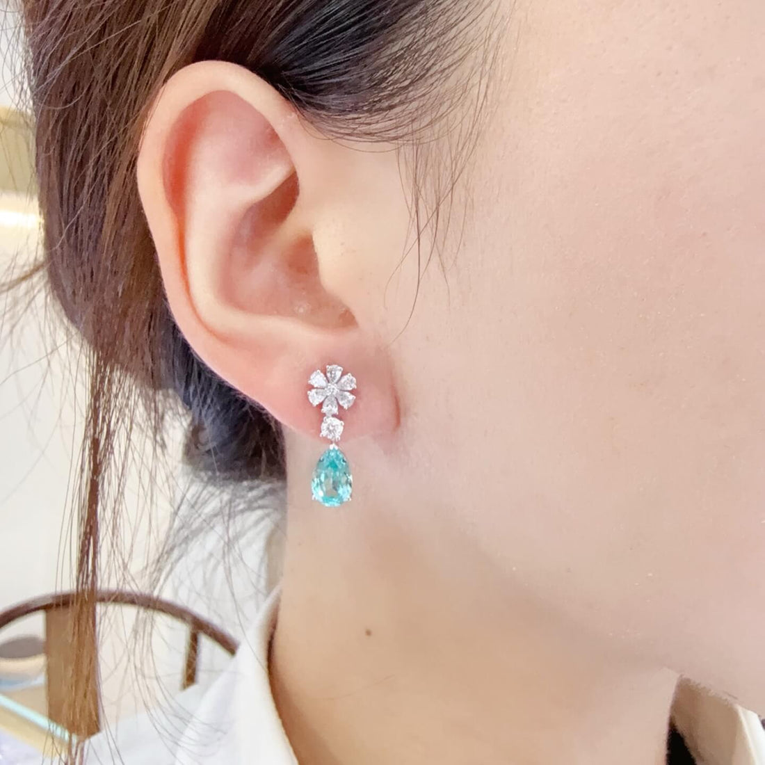 Snowflake design pear cut lab grown Paraiba earrings stud