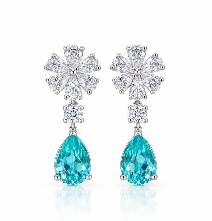 Snowflake design pear cut lab grown Paraiba earrings stud