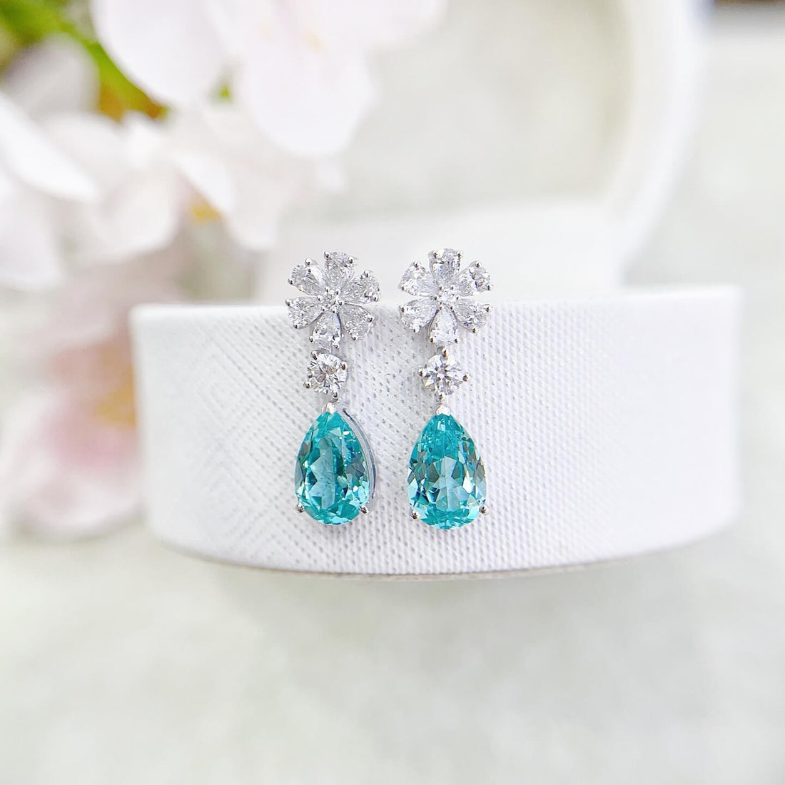 Snowflake design pear cut lab grown Paraiba earrings stud