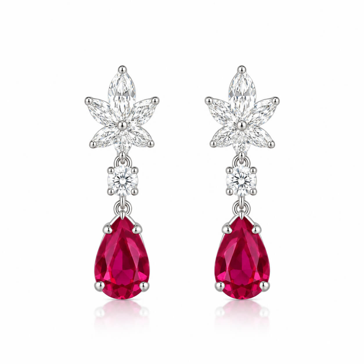 Snowflake design pear cut lab grown ruby earrings stud