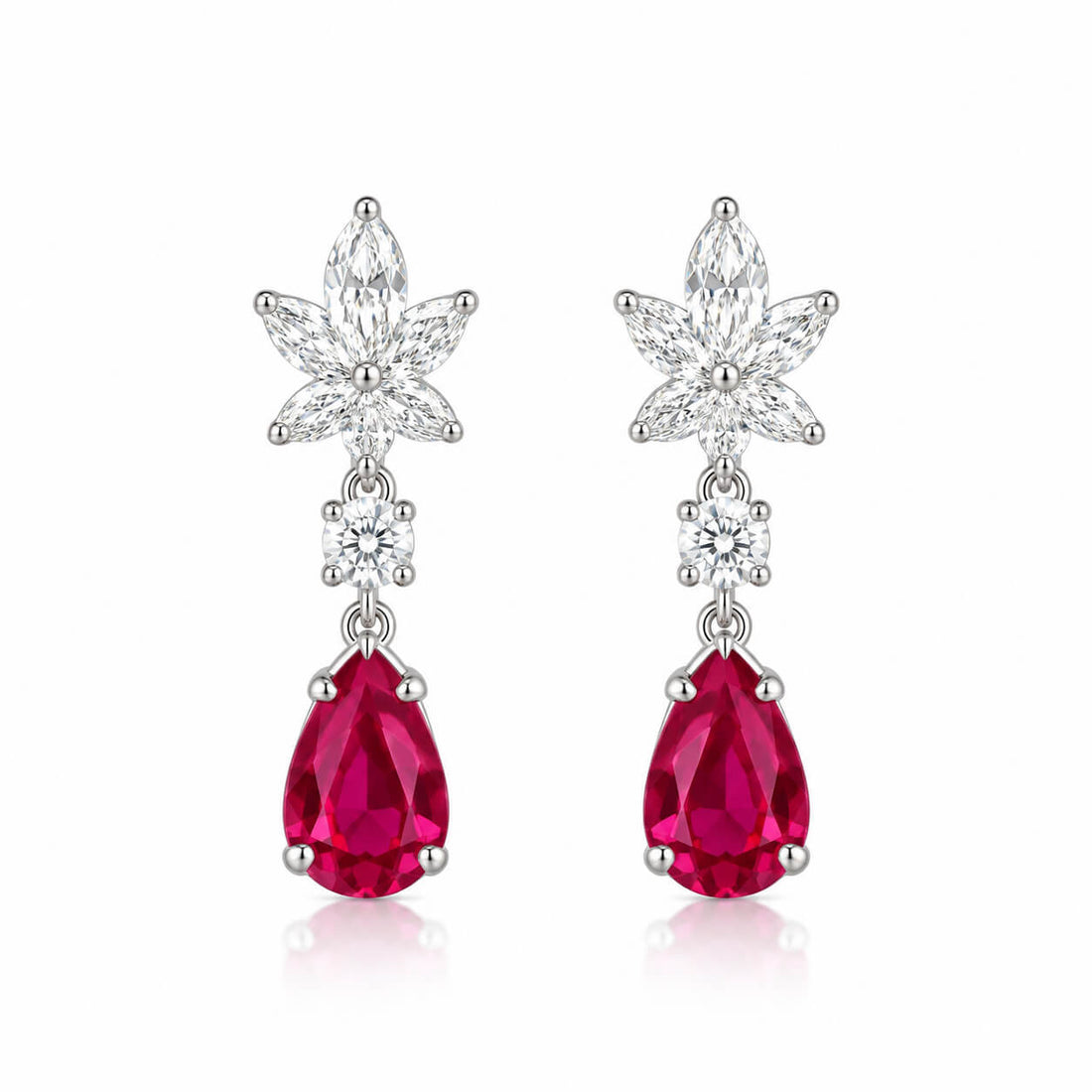 Snowflake design pear cut lab grown ruby earrings stud